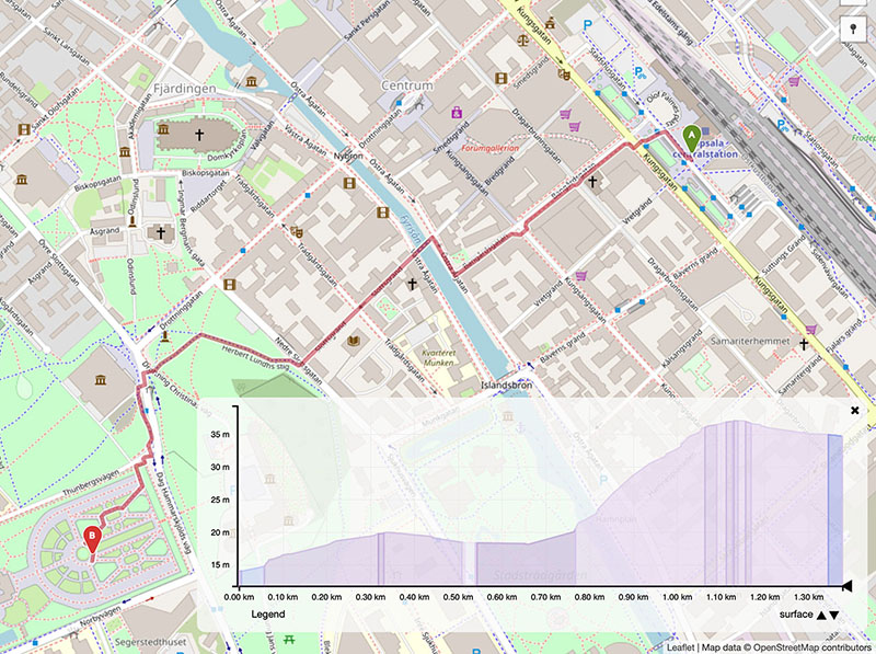Karta över uppsala med rutt mellan centralstationen och Botaniska trädgården inritad.